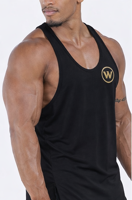 Black tank top with a logo worn by a muscular man from front, side, and back views.